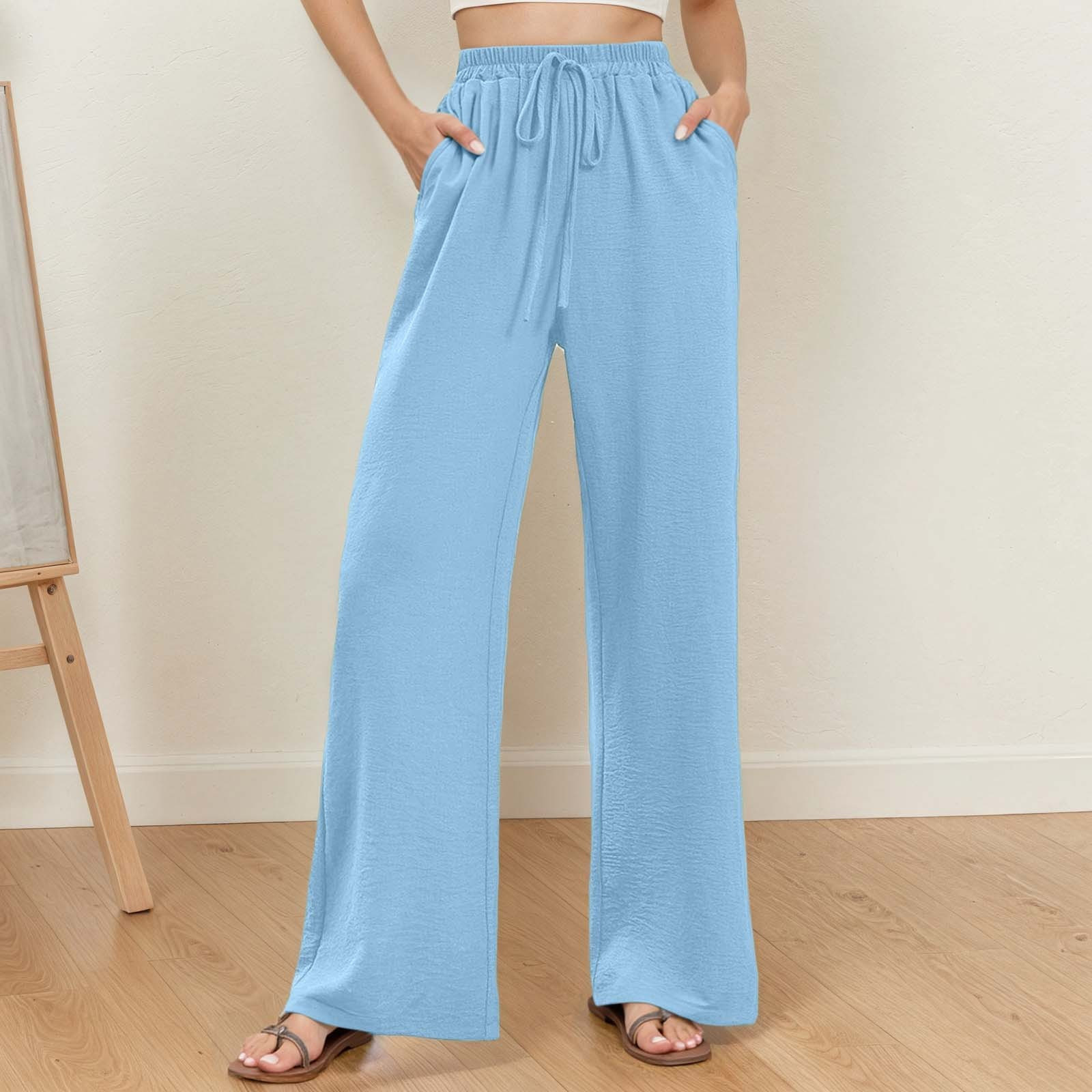 thumbnail image 2 of Pantalones palazzo de cintura alta y pierna ancha para mujer: ligeros, con cordón en la cintura, bolsillos, pantalones casuales de verano., 2 of 5